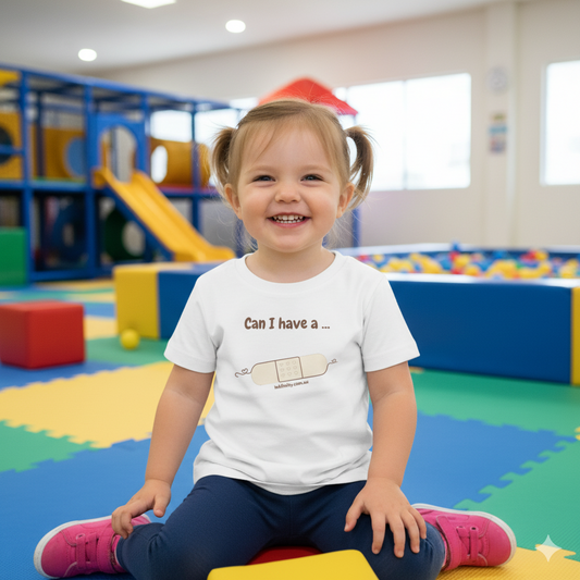 White kids’ T-shirt with the phrase “Can I have a bandage?” printed on the front. Inkfinity personalised gift inspired by kindness and childhood innocence.